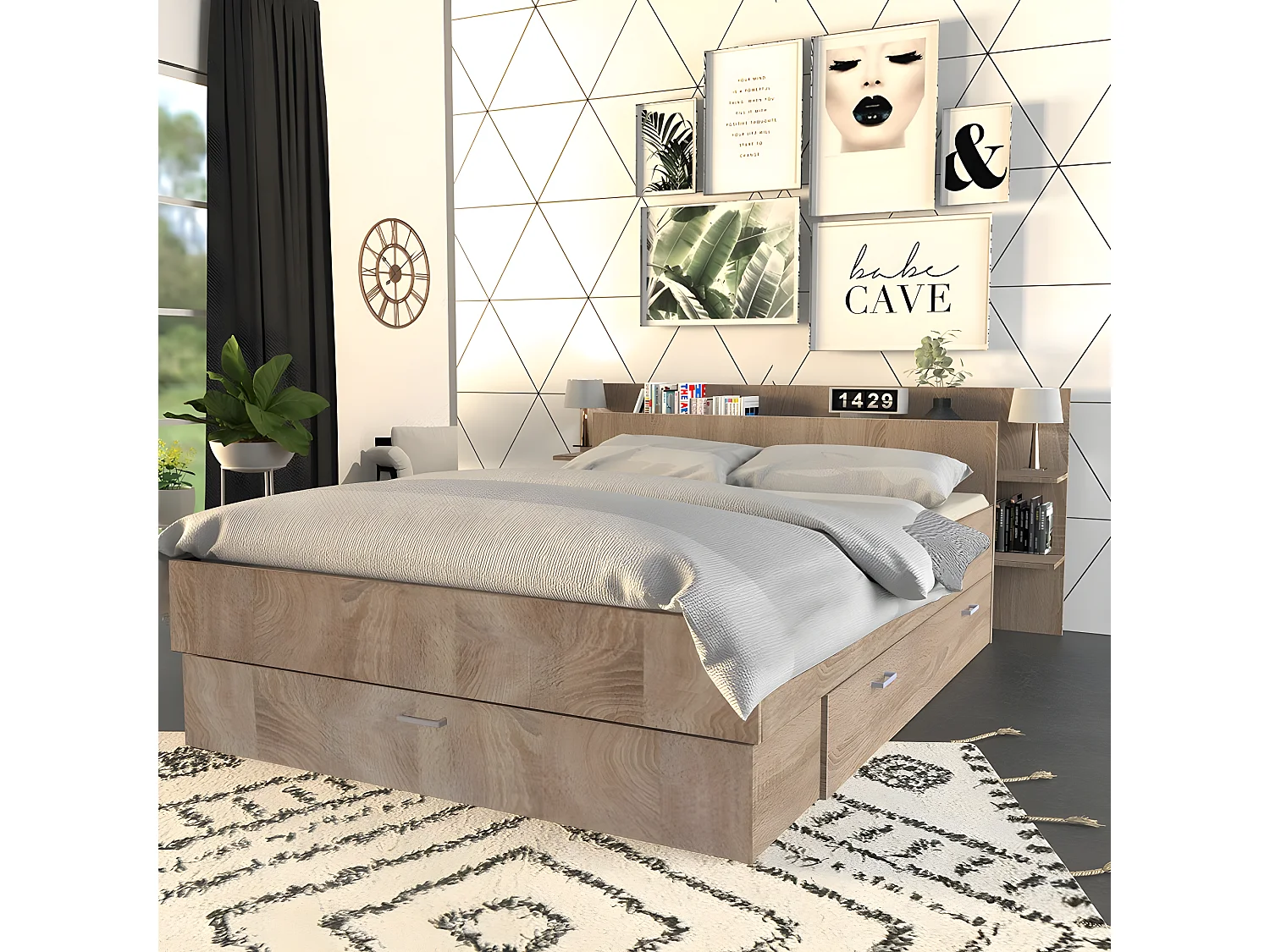 Lit SAMBA 140x190cm + tête de lit + 2 tiroirs / Décor Chêne blanchi