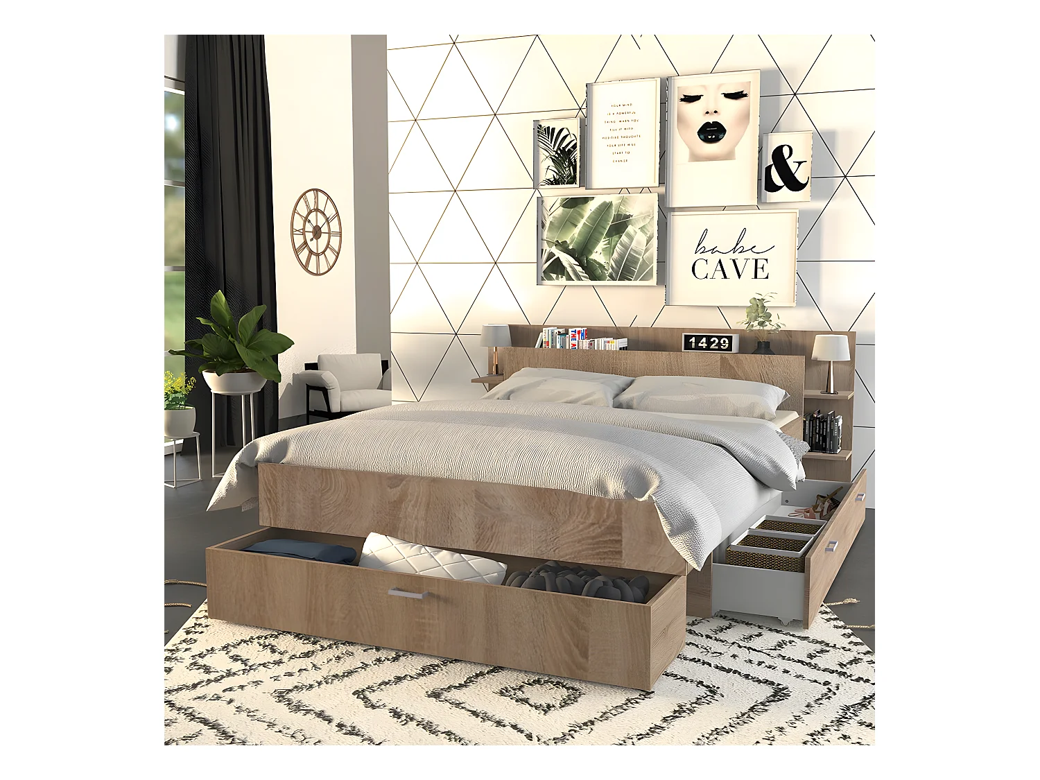 Lit SAMBA 140x190cm + tête de lit + 2 tiroirs / Décor Chêne blanchi
