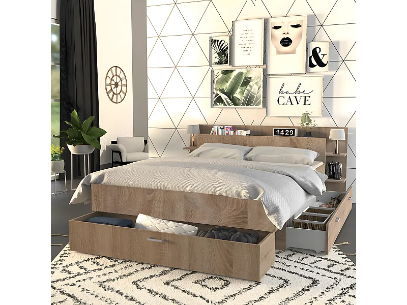 Lit SAMBA 140x190cm + tête de lit + 2 tiroirs / Décor Chêne blanchi