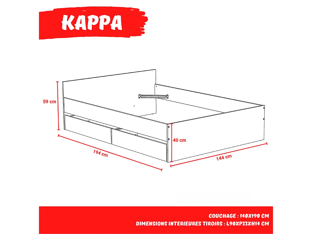 Lit KAPPA 140x190 cm + 2 tiroirs / Blanc