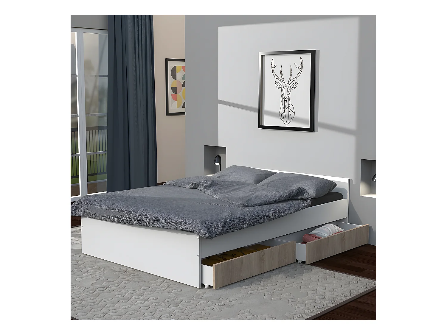 Lit KAPPA 140x190 cm + 2 tiroirs / Décor Chêne Blanchi et Blanc