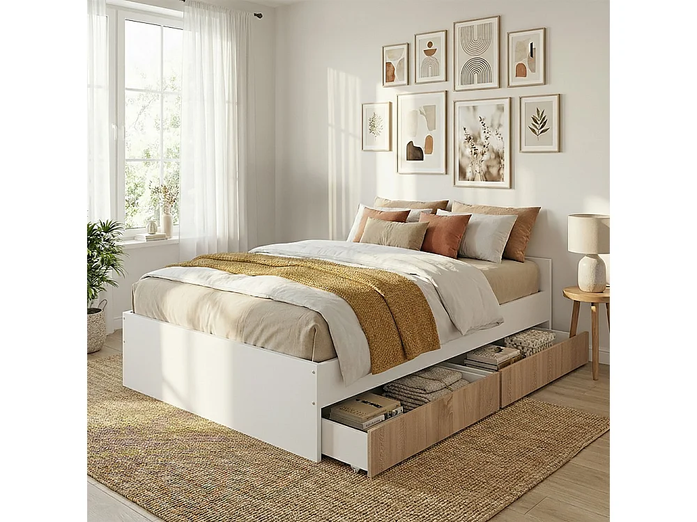 Lit KAPPA 140x190 cm + 2 tiroirs / Décor Chêne Blanchi et Blanc