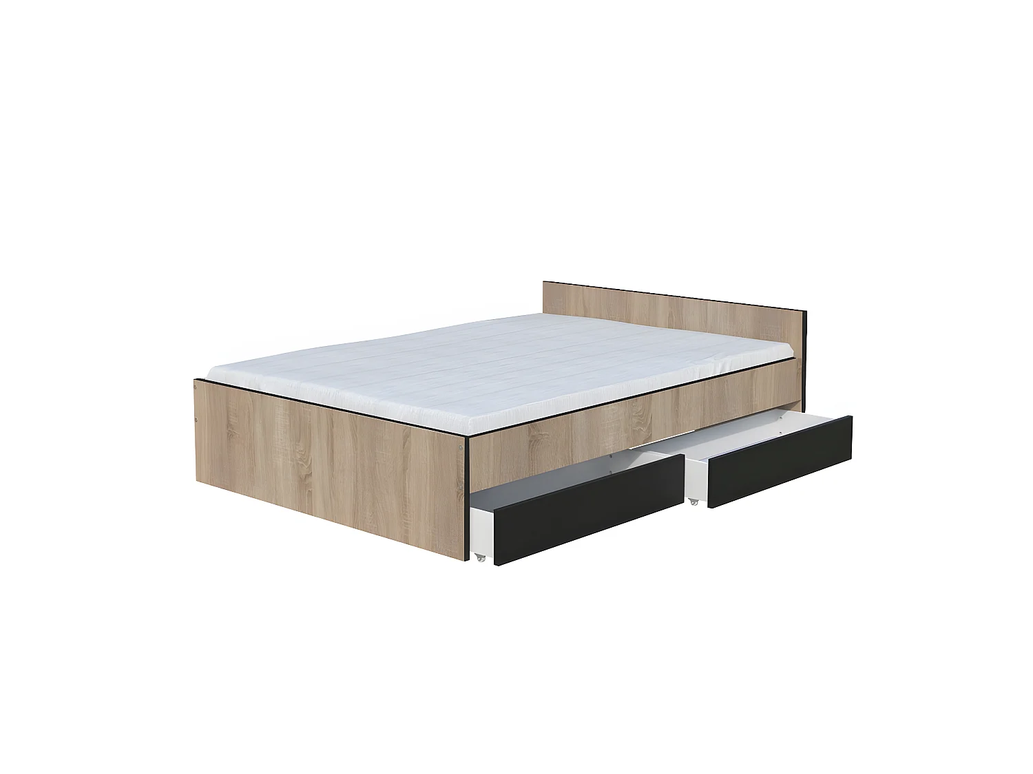 Lit KAPPA 140x190 cm + 2 tiroirs / Décor chêne Blanchi et Noir