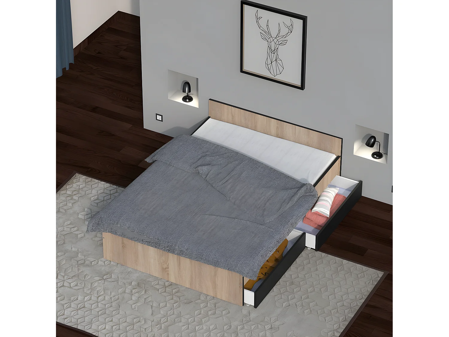 Lit KAPPA 140x190 cm + 2 tiroirs / Décor chêne Blanchi et Noir