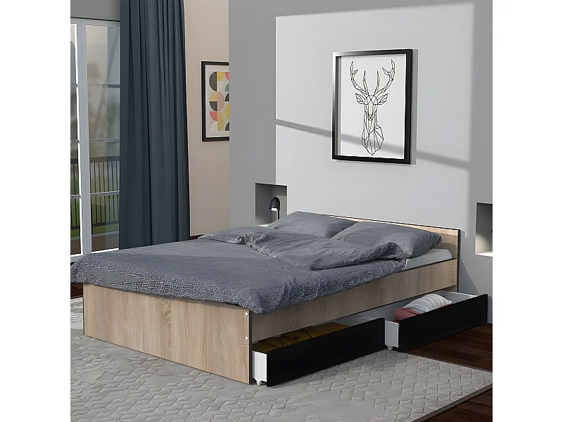 Lit KAPPA 140x190 cm + 2 tiroirs / Décor chêne Blanchi et Noir