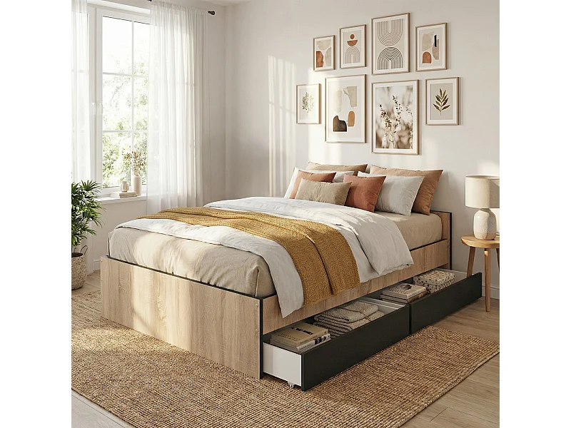 Lit KAPPA 140x190 cm + 2 tiroirs / Décor chêne Blanchi et Noir