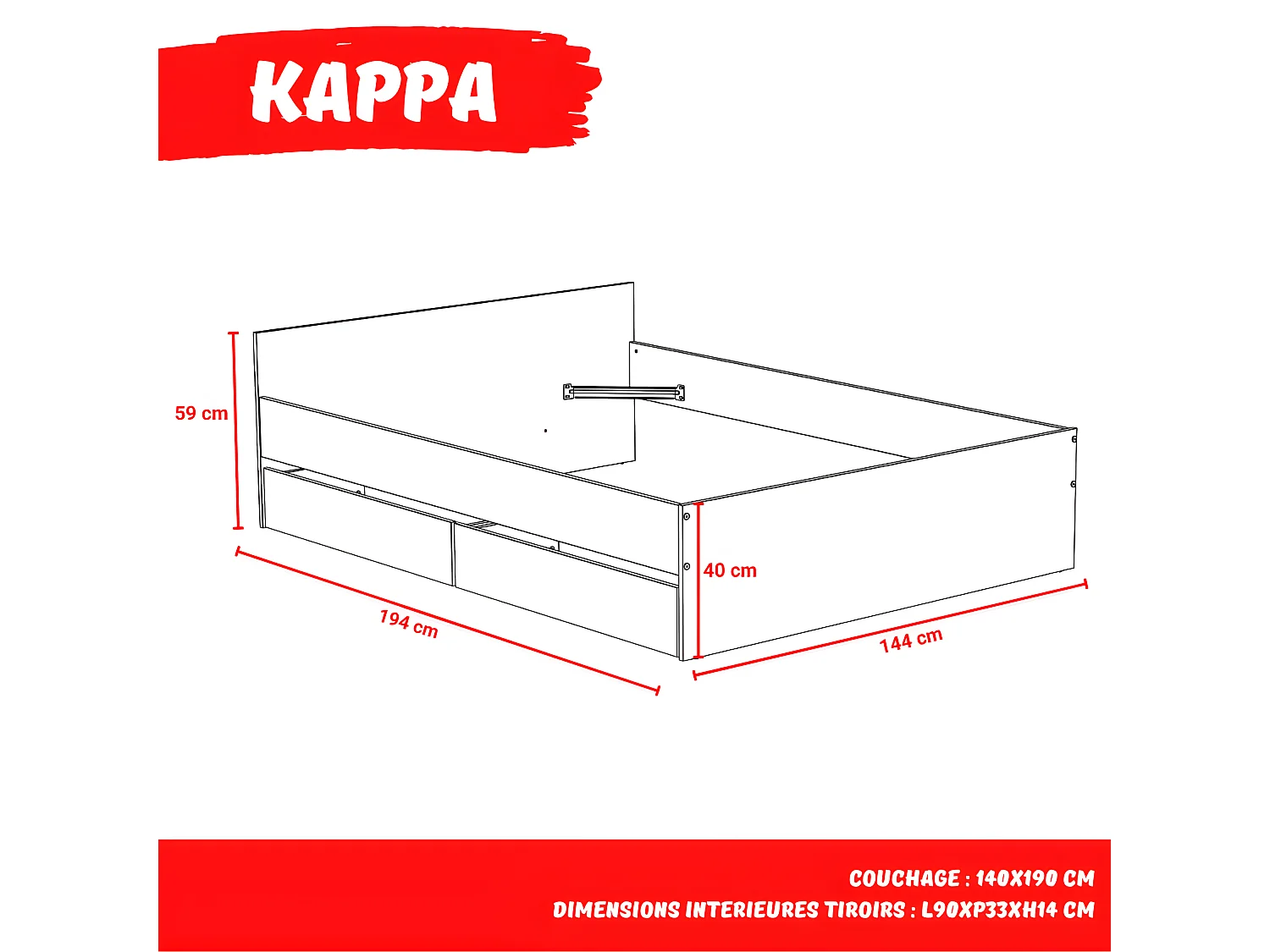 Lit KAPPA 140x190 cm + 2 tiroirs / Décor Chêne Blanchi
