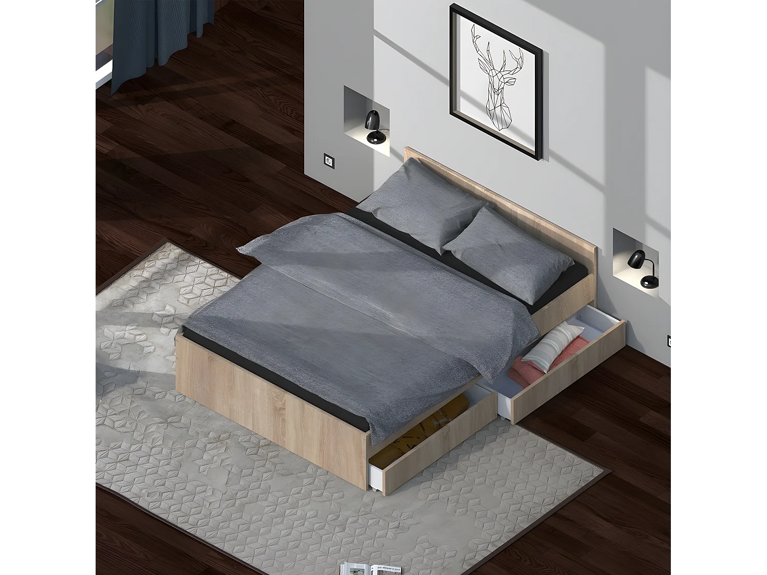 Lit KAPPA 140x190 cm + 2 tiroirs / Décor Chêne Blanchi