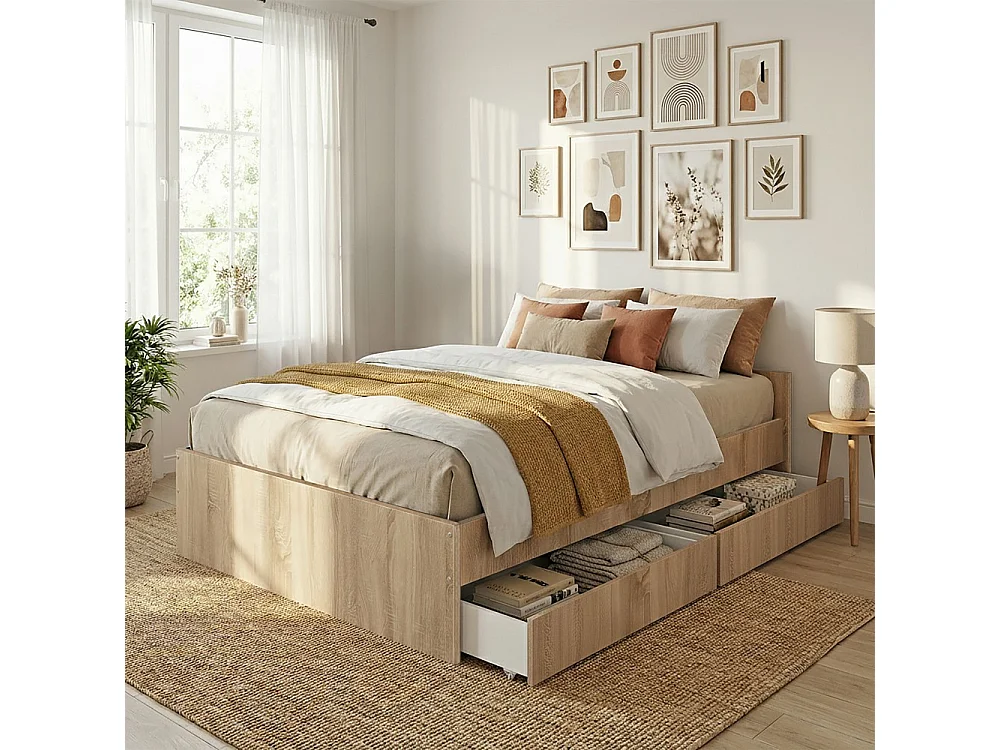 Lit KAPPA 140x190 cm + 2 tiroirs / Décor Chêne Blanchi