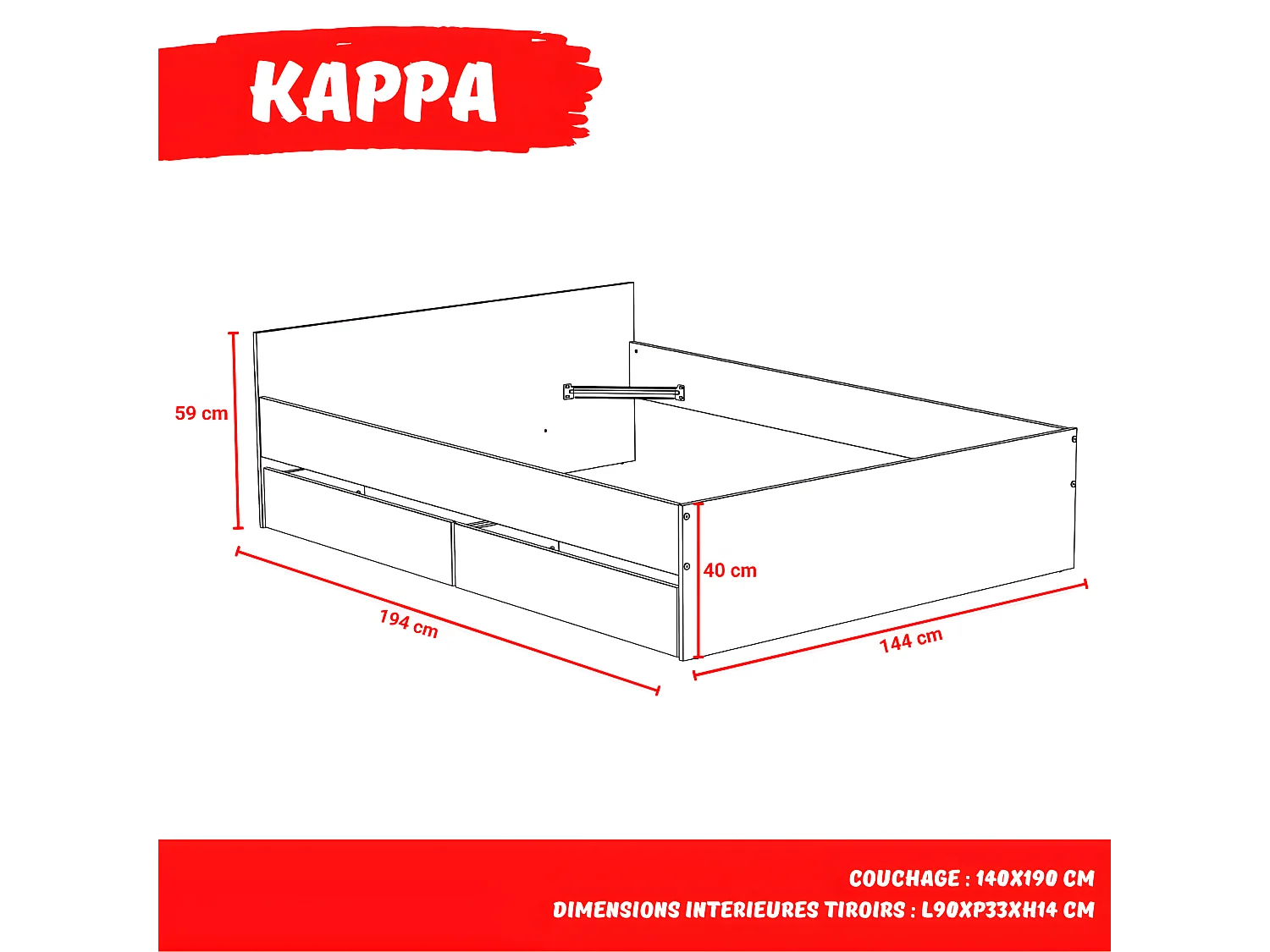 Lit KAPPA 140x190 cm + 2 tiroirs / Décor Chêne Blanchi