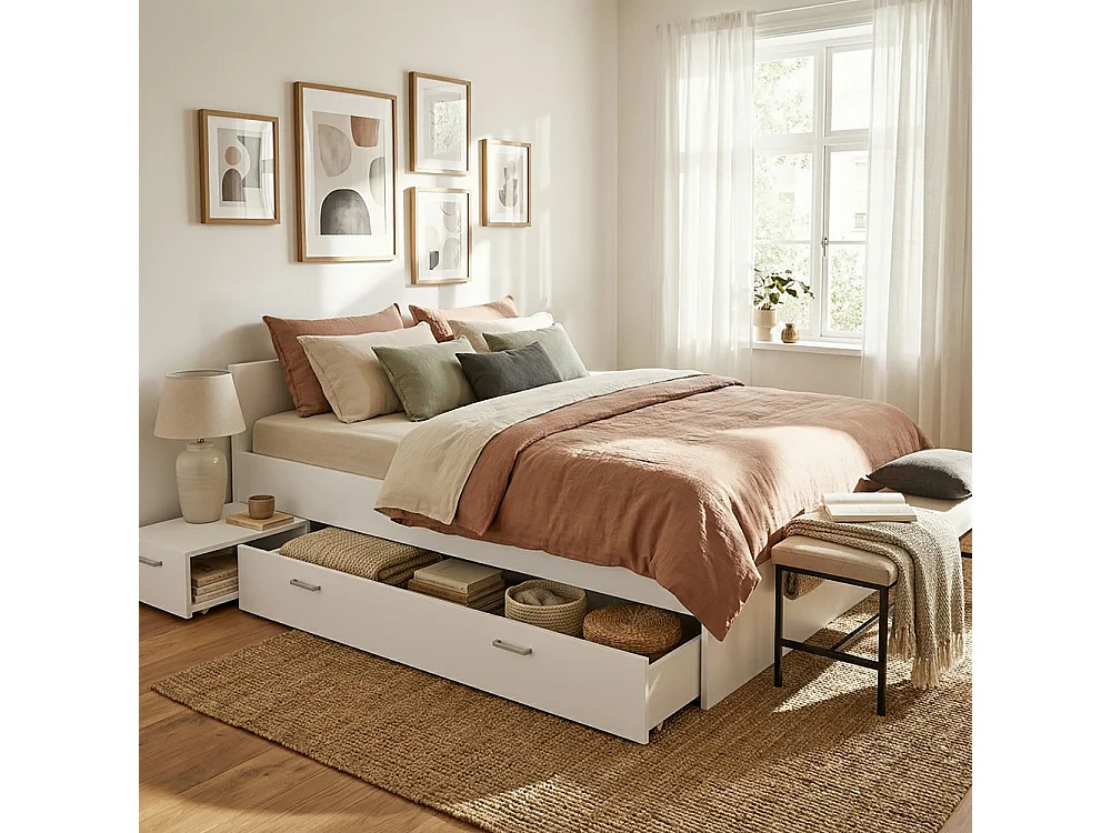 Lit TWIST 140x190 +  1 chevet + 1 tiroir / Blanc