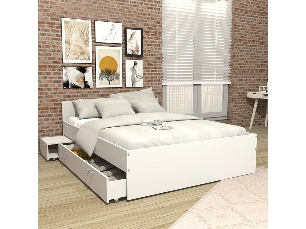 Lit TWIST 140x190 +  1 chevet + 1 tiroir / Blanc