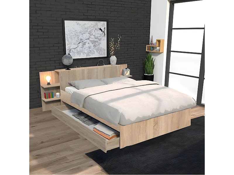 Lit CITY 140x190 + tête de lit chevet  + 1 tiroir /Décor Chêne blanchi