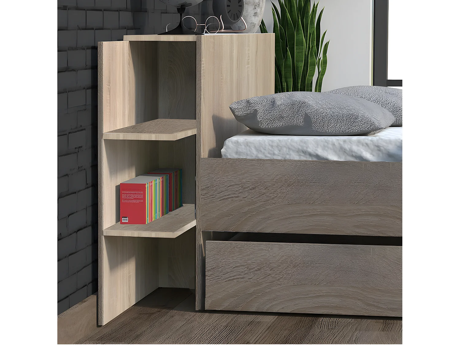 Lit CITY 140x190 + tête de lit chevet  + 1 tiroir /Décor Chêne blanchi