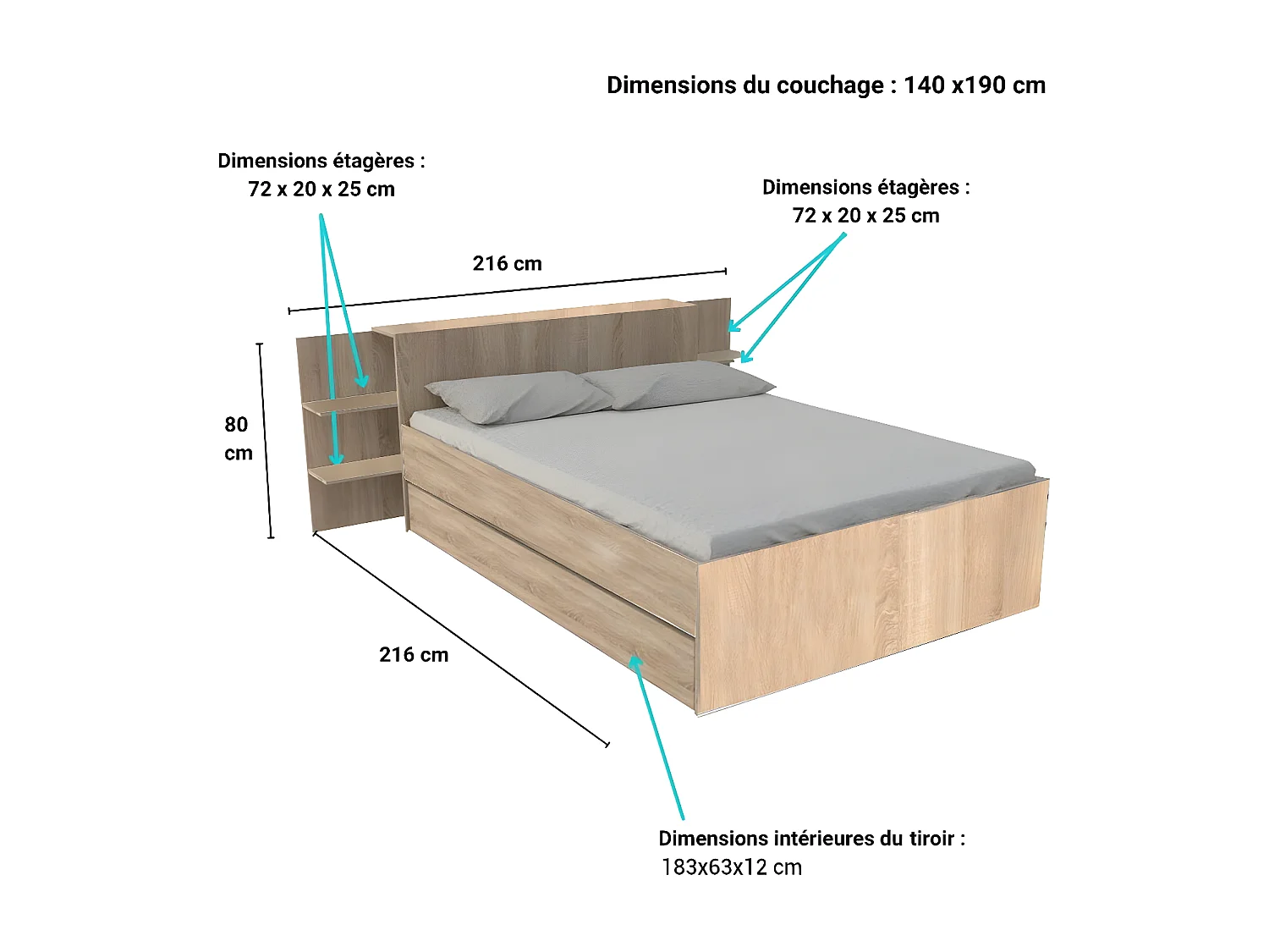 Lit CITY 140x190 + tête de lit chevet  + 1 tiroir /Décor Chêne blanchi