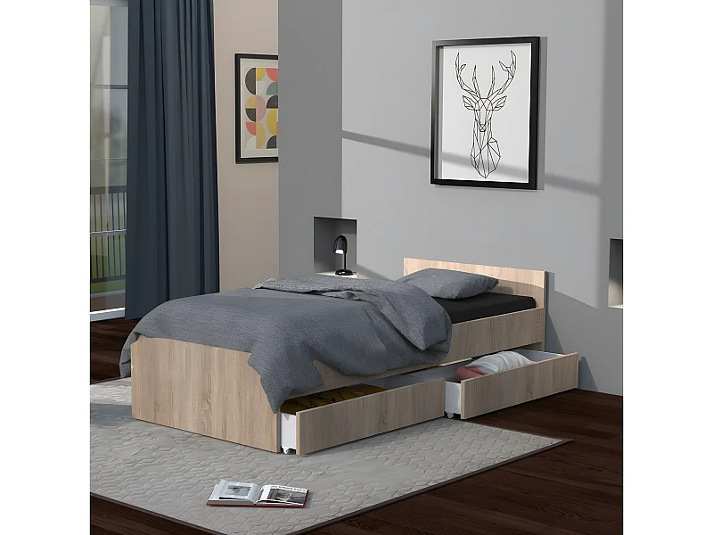 Lit KAPPA 90x190 + 2 tiroirs / Décor Chêne Blanchi