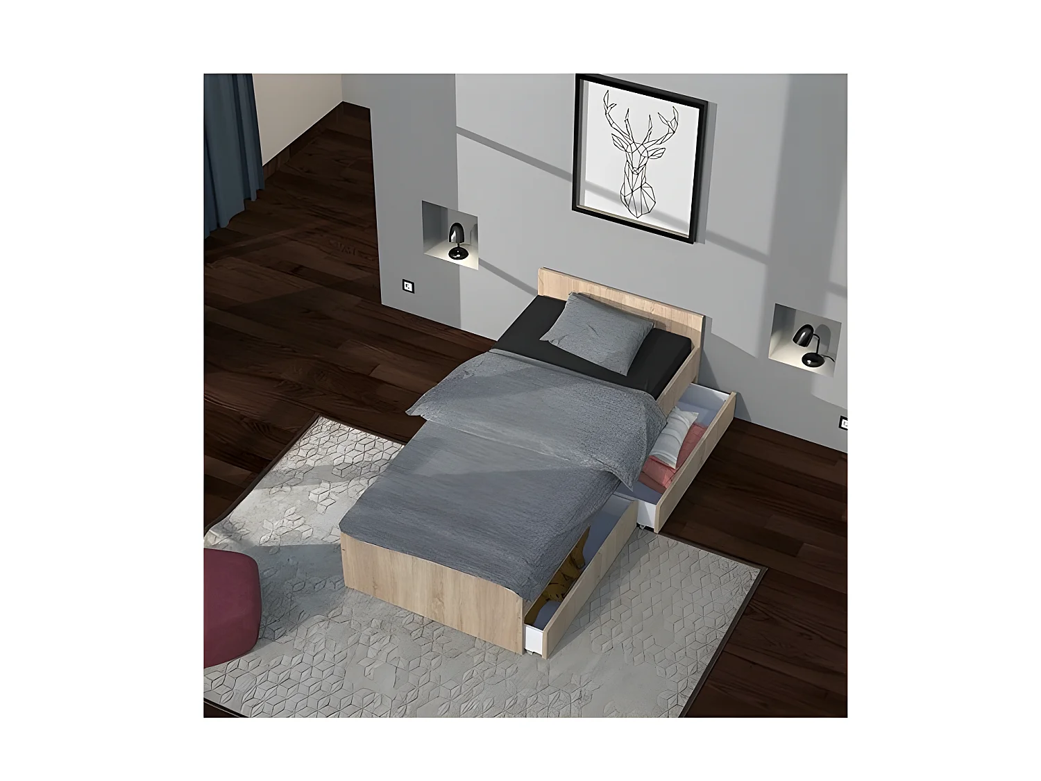 Lit KAPPA 90x190 + 2 tiroirs / Décor Chêne Blanchi