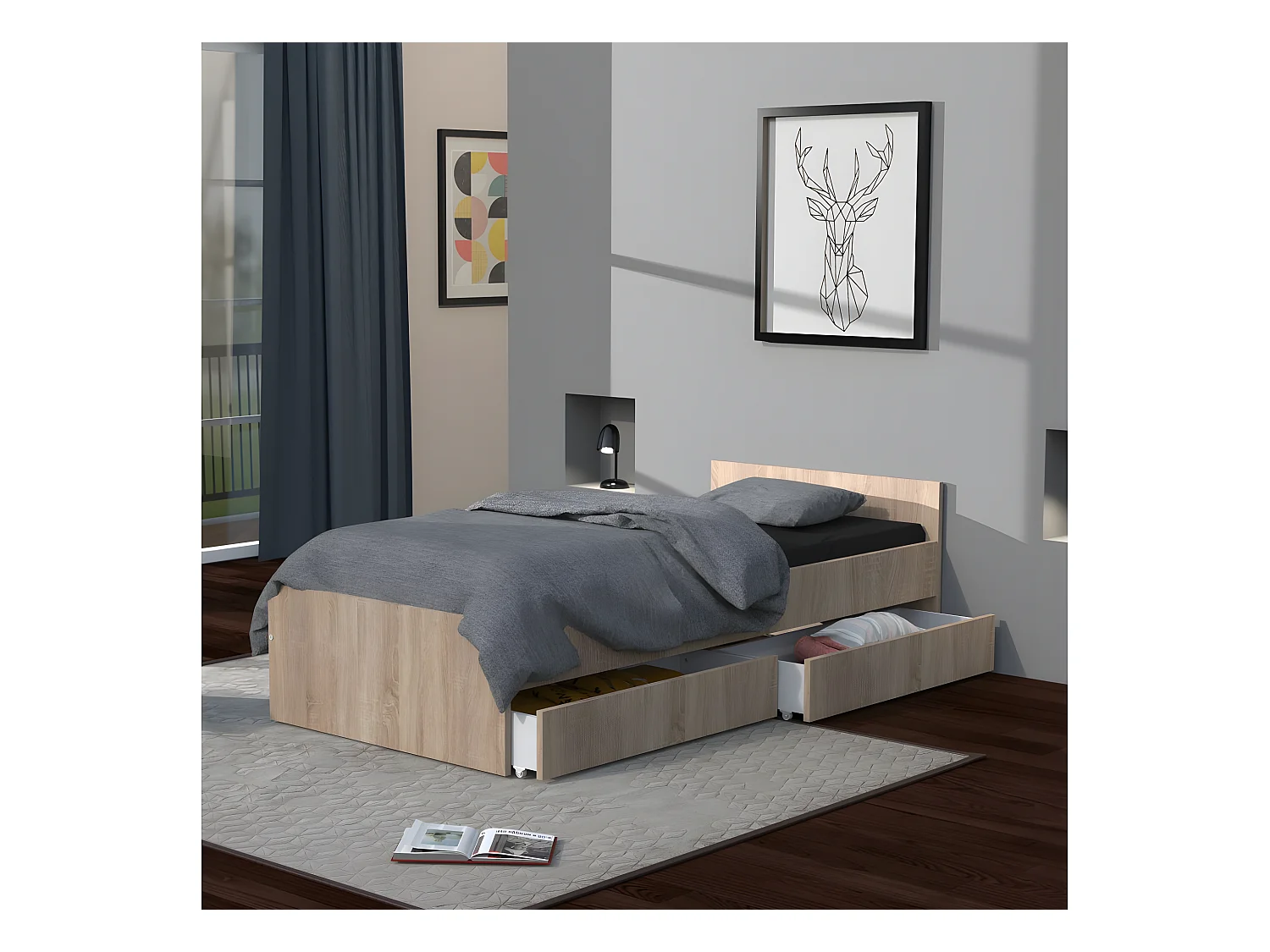 Lit KAPPA 90x190 + 2 tiroirs / Décor Chêne Blanchi