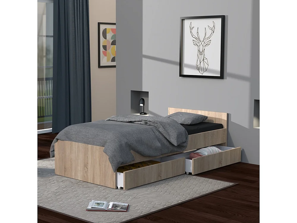 Lit KAPPA 90x190 + 2 tiroirs / Décor Chêne Blanchi