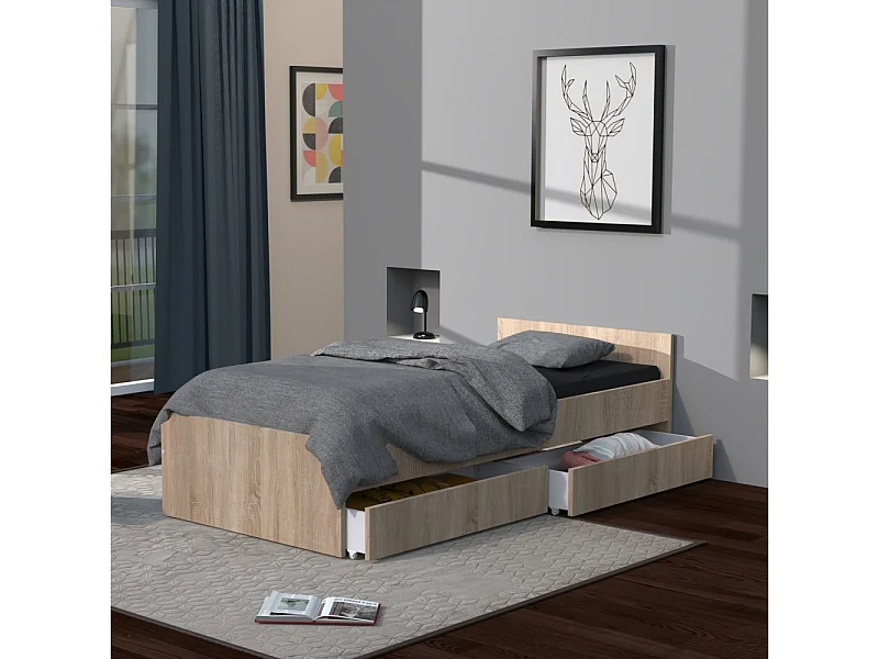 Lit KAPPA 90x190 + 2 tiroirs / Décor Chêne Blanchi