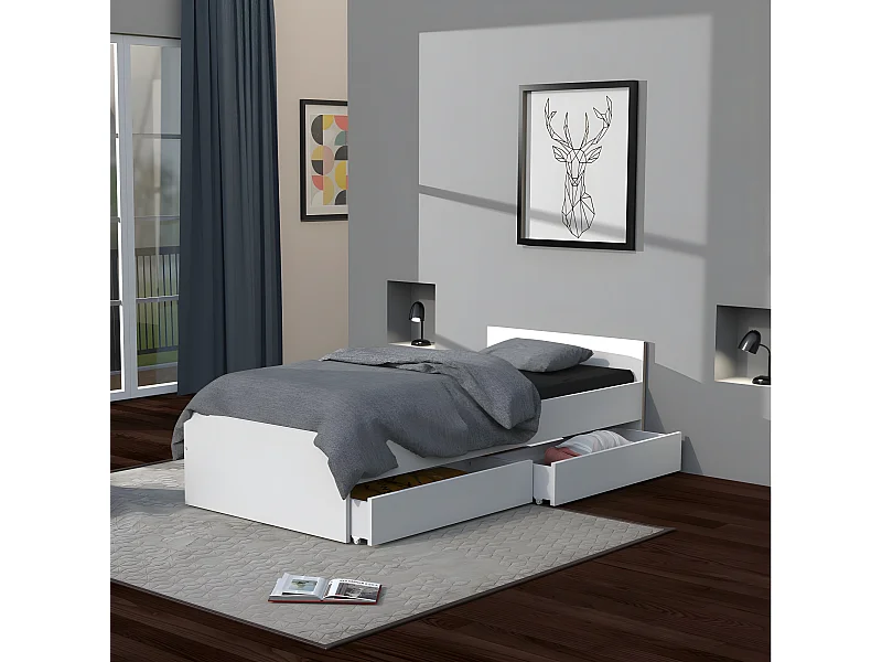 Lit KAPPA 90x190 + 2 tiroirs / Blanc