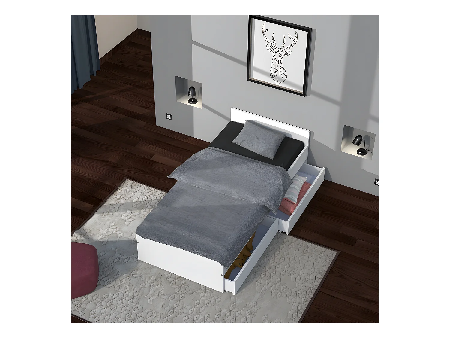 Lit KAPPA 90x190 + 2 tiroirs / Blanc