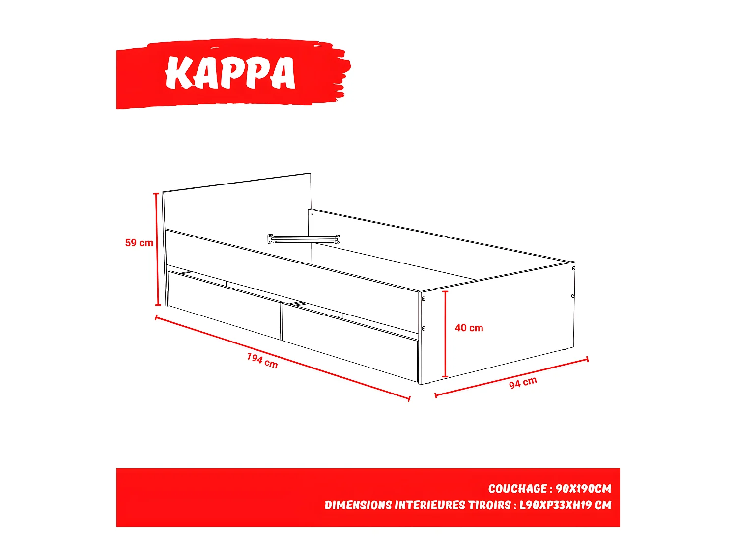 Lit KAPPA 90x190 + 2 tiroirs / Blanc