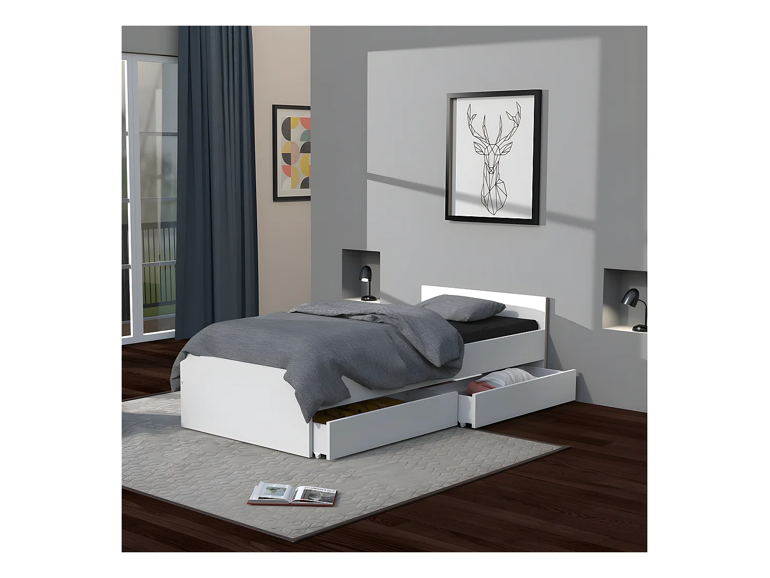 Lit KAPPA 90x190 + 2 tiroirs / Blanc