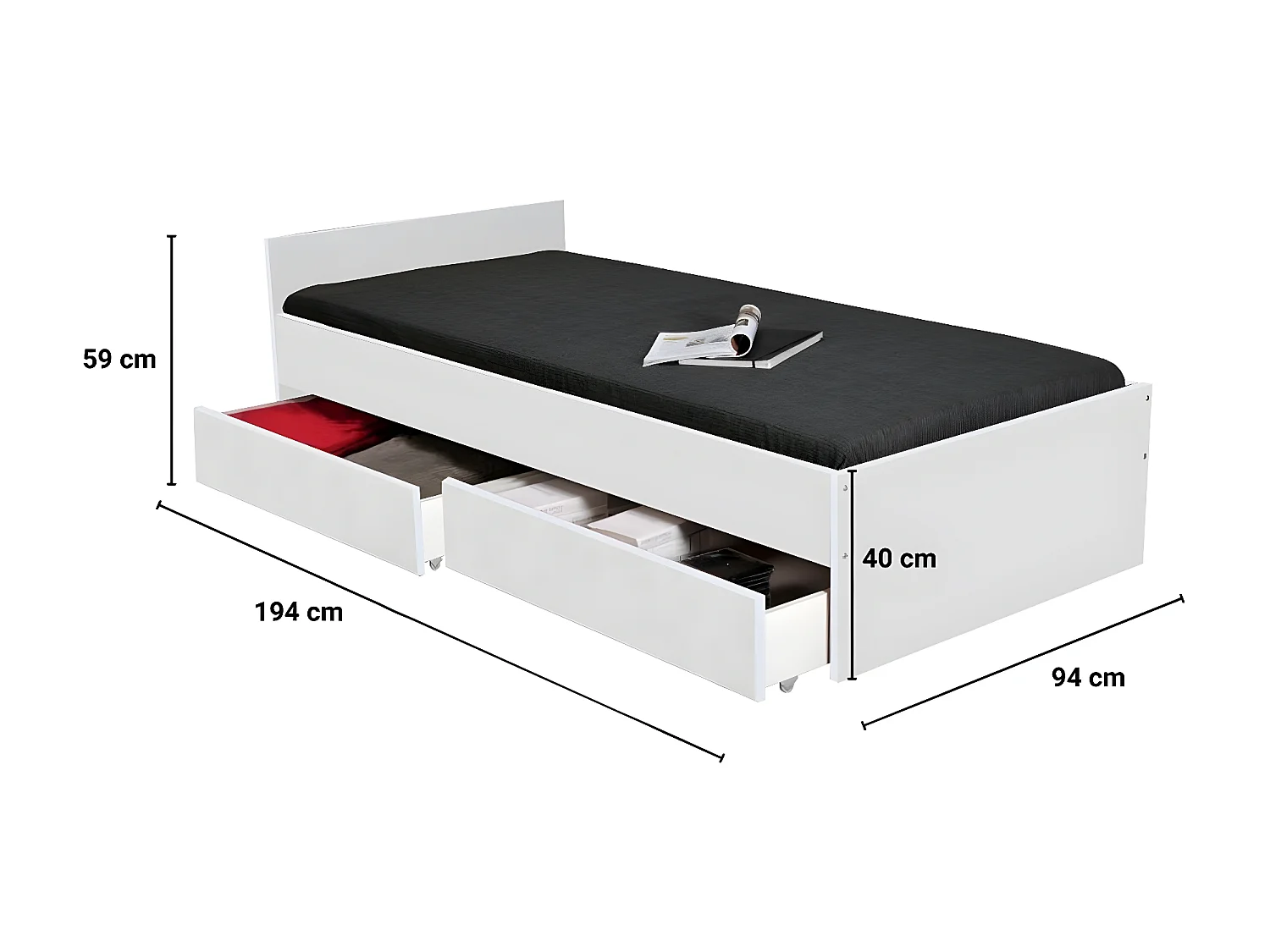 Lit KAPPA 90x190 + 2 tiroirs / Blanc