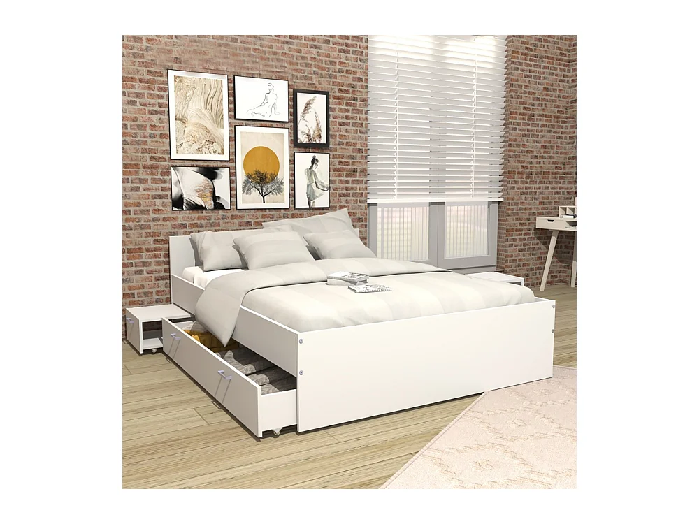 Lit TWIST 140x190 + 2 chevets + 1 tiroir / Blanc