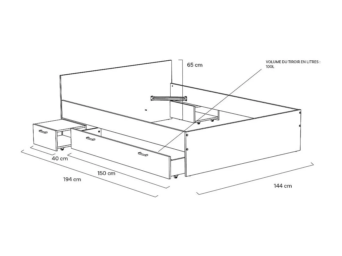 Lit TWIST 140x190 + 2 chevets + 1 tiroir / Blanc