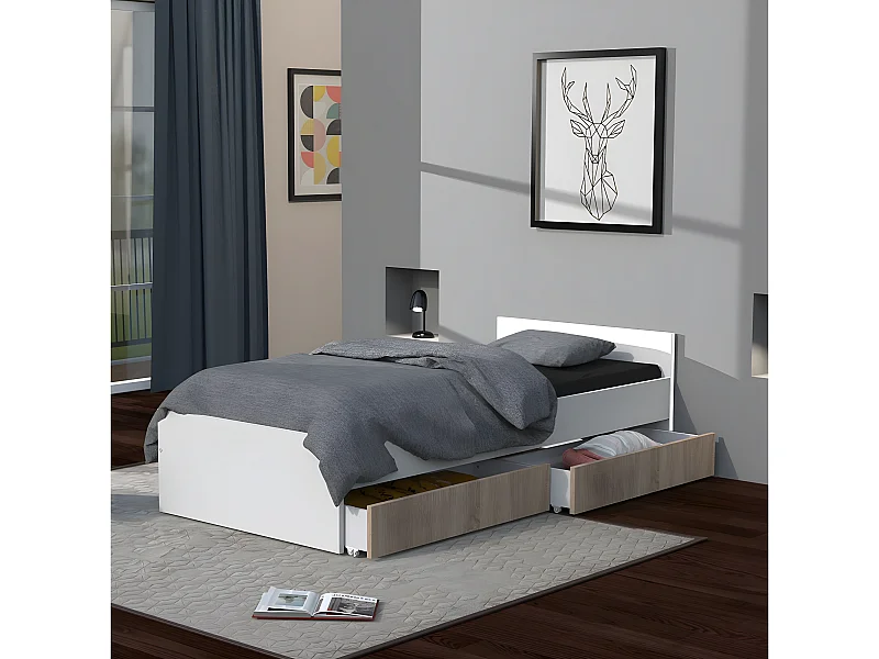 Lit KAPPA 90x190 + 2 tiroirs / Décor Chêne Blanchi et Blanc