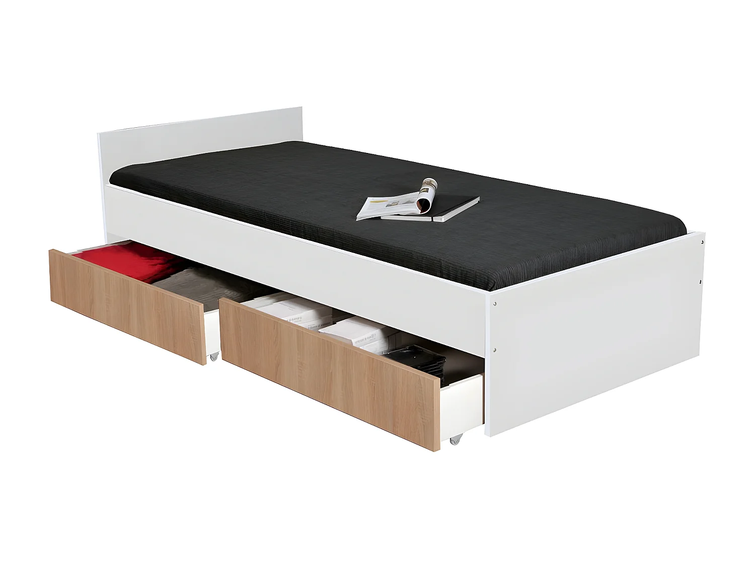 Lit KAPPA 90x190 + 2 tiroirs / Décor Chêne Blanchi et Blanc