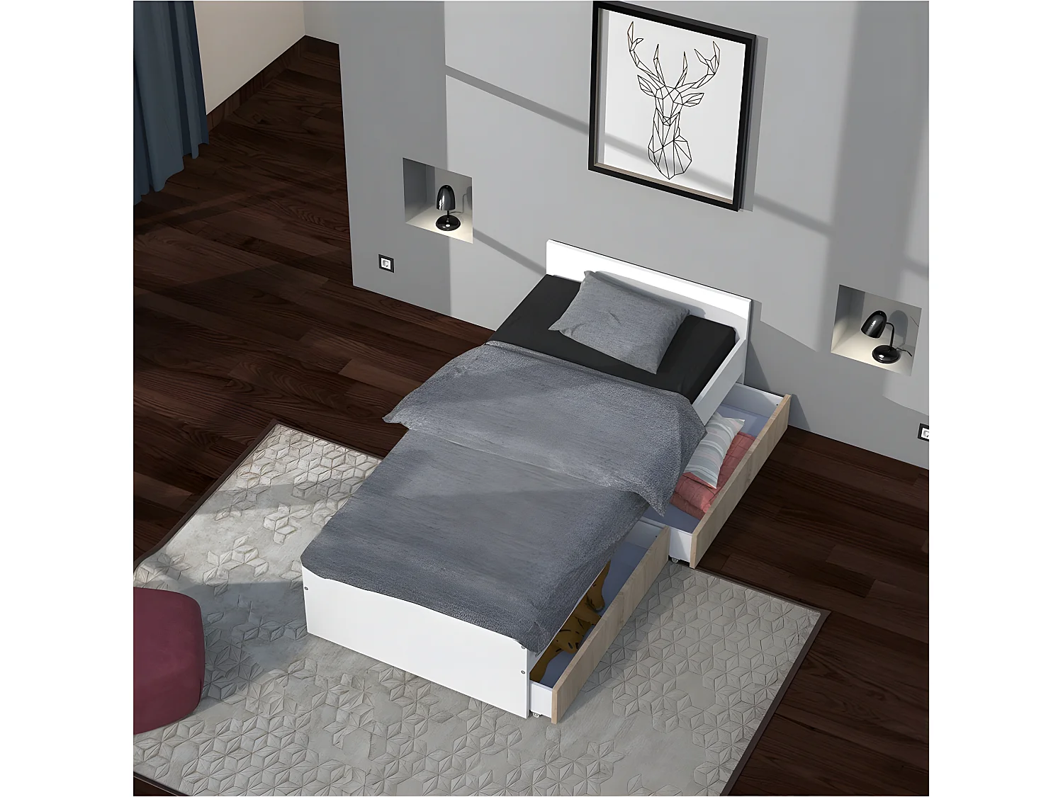 Lit KAPPA 90x190 + 2 tiroirs / Décor Chêne Blanchi et Blanc