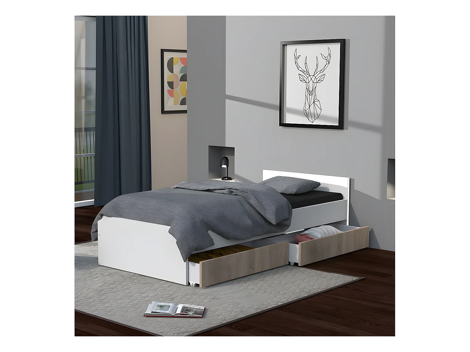 Lit KAPPA 90x190 + 2 tiroirs / Décor Chêne Blanchi et Blanc