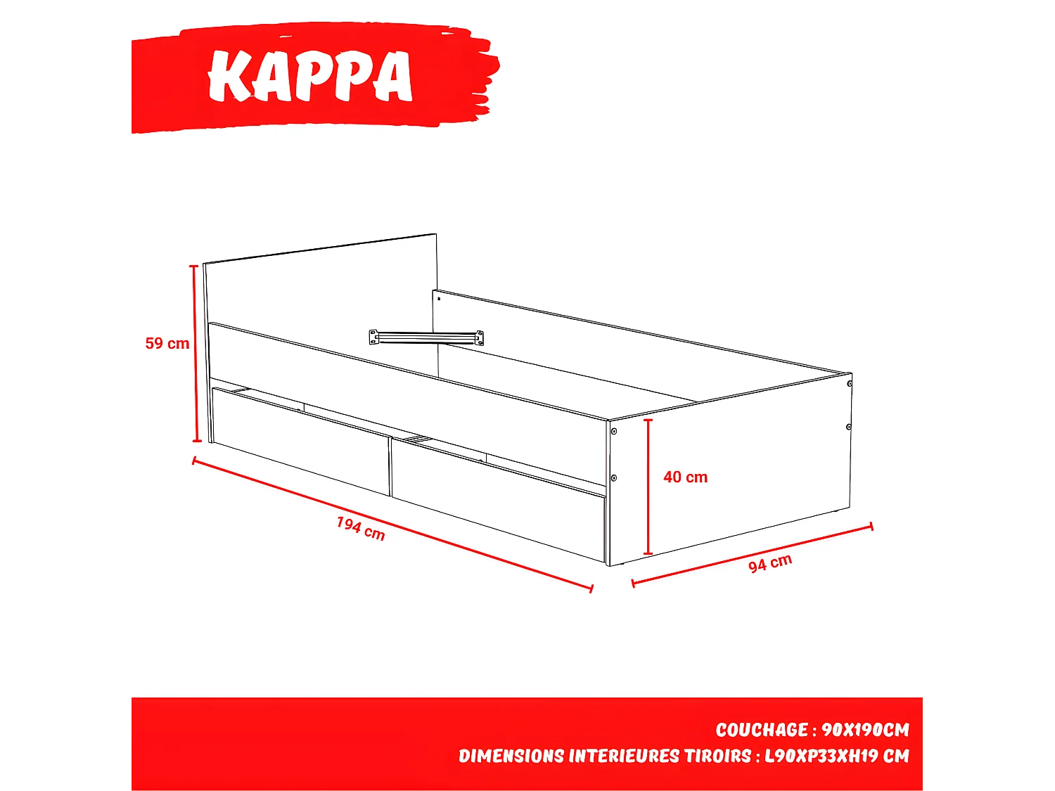 Lit KAPPA 90x190 + 2 tiroirs / Décor Chêne Blanchi et Blanc
