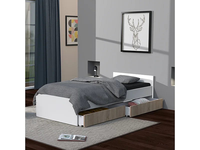 Lit KAPPA 90x190 + 2 tiroirs / Décor Chêne Blanchi et Blanc