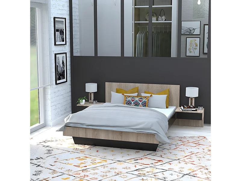 Lit COOL 140x190 cm + 2 chevets + sommier / Décor Chêne blanchi & noir