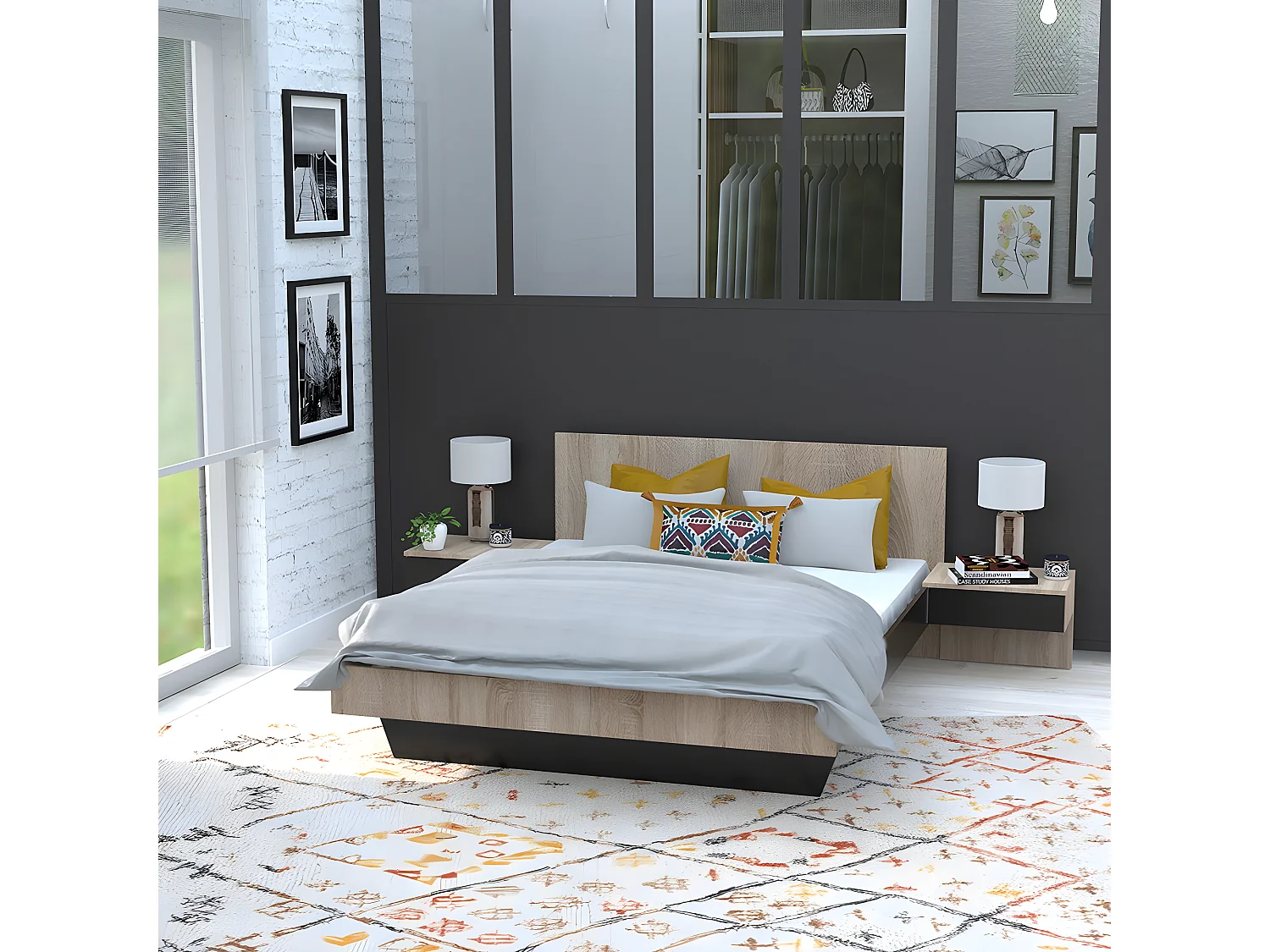 Lit COOL 140x190 cm + 2 chevets + sommier / Décor Chêne blanchi & noir