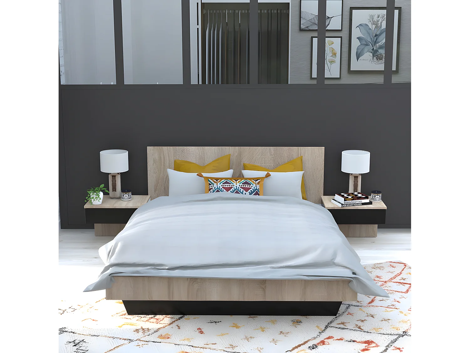 Lit COOL 140x190 cm + 2 chevets + sommier / Décor Chêne blanchi & noir