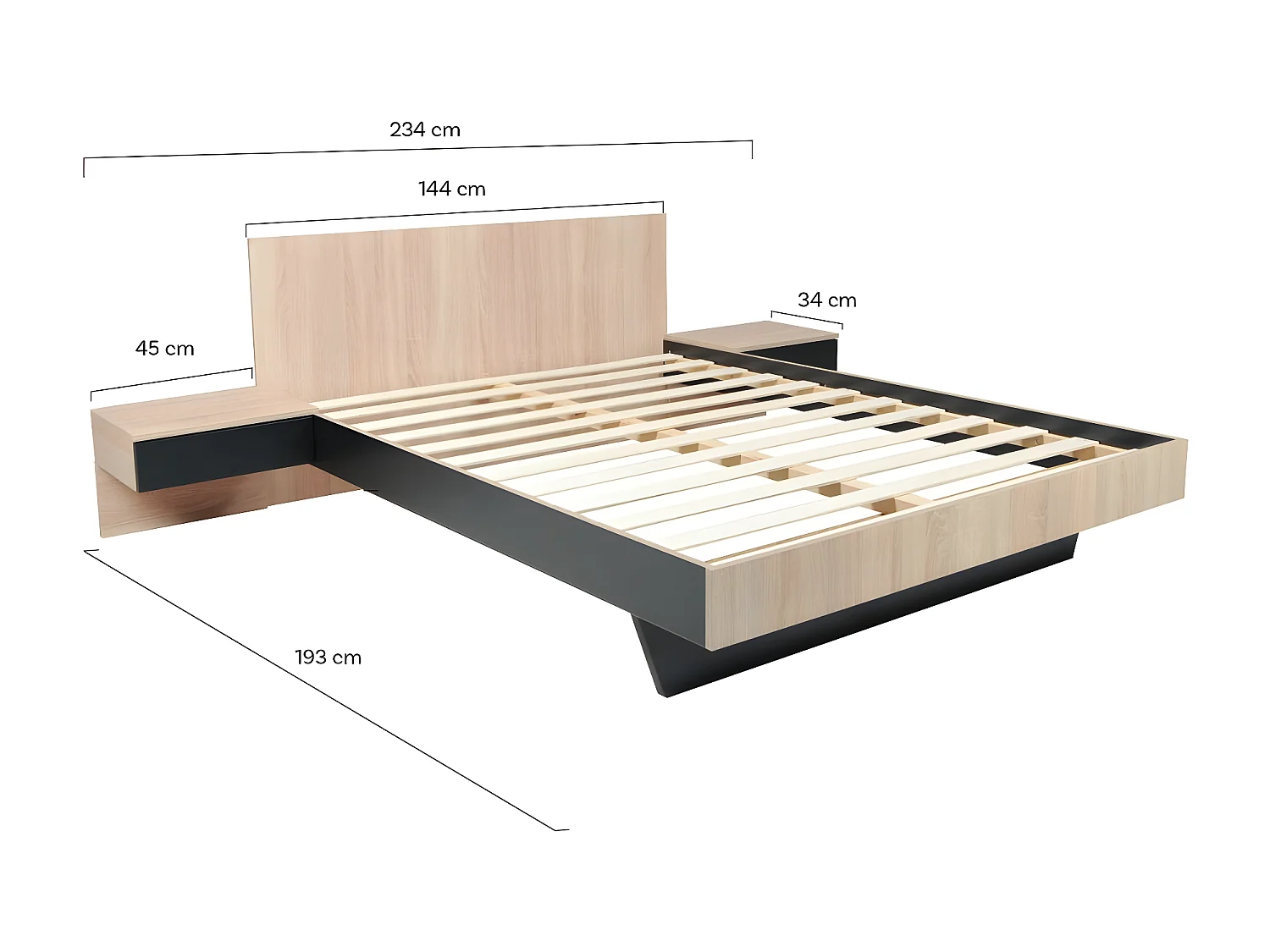 Lit COOL 140x190 cm + 2 chevets + sommier / Décor Chêne blanchi & noir