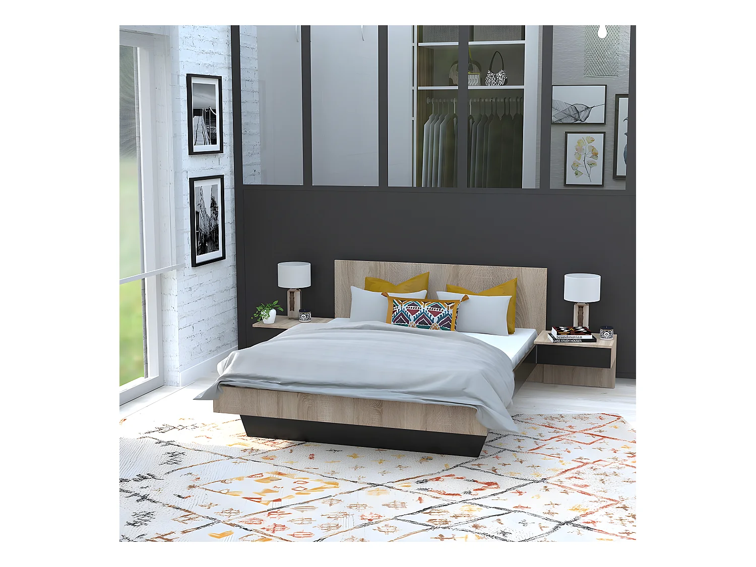 Lit COOL 140x190 cm + 2 chevets + sommier / Décor Chêne blanchi & noir