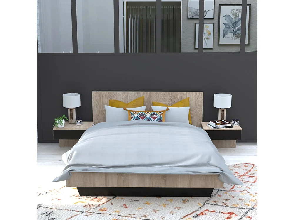 Lit COOL 140x190 cm + 2 chevets + sommier / Décor Chêne blanchi & noir