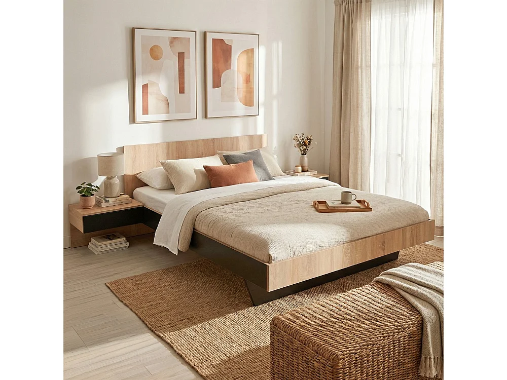 Lit COOL 140x190 cm + 2 chevets + sommier / Décor Chêne blanchi & noir