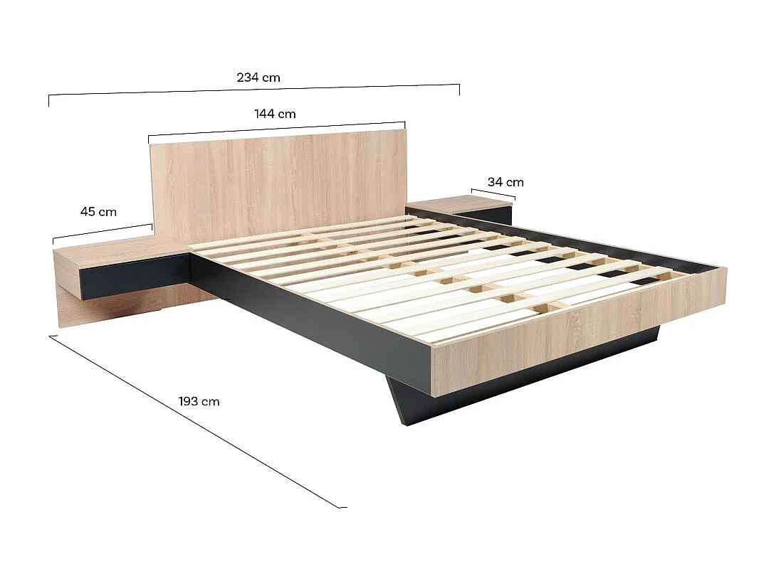 Lit COOL 140x190 cm + 2 chevets + sommier / Décor Chêne blanchi & noir