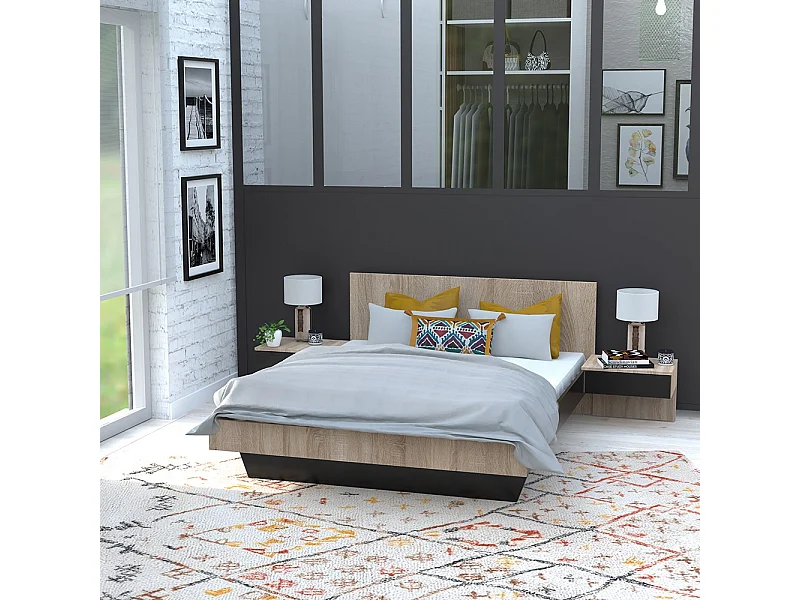 Lit COOL 140x190 cm + 2 chevets + sommier / Décor Chêne blanchi & noir