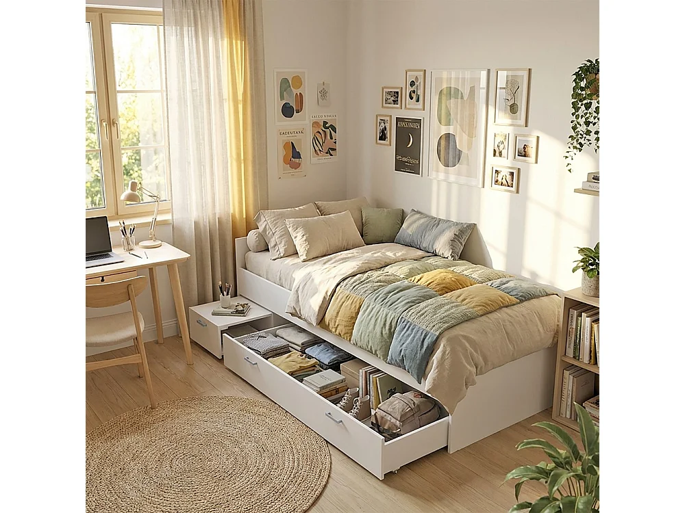 Lit TWIST 90x190 + chevet + tiroir / Blanc