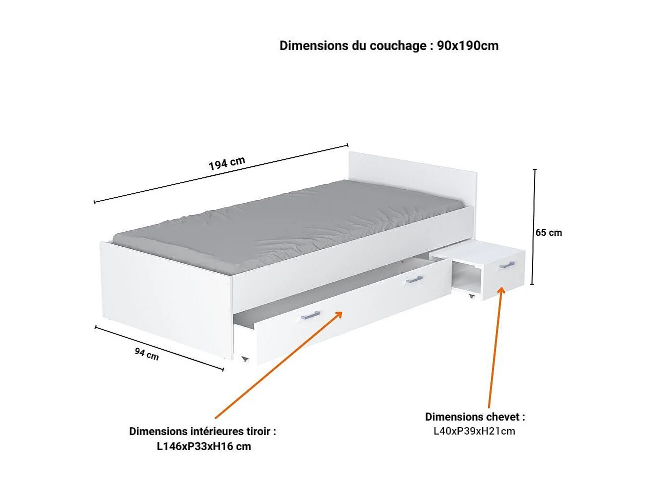 Lit TWIST 90x190 + chevet + tiroir / Blanc