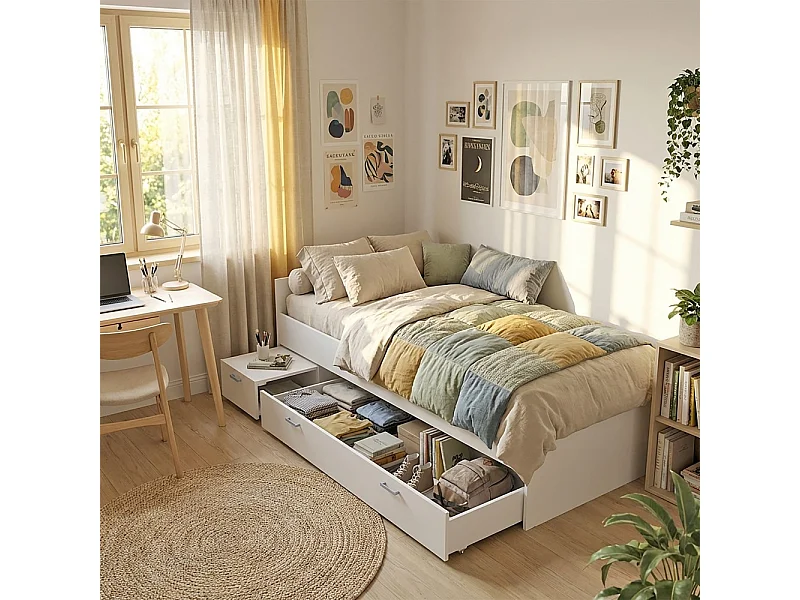 Lit TWIST 90x190 + chevet + tiroir / Blanc