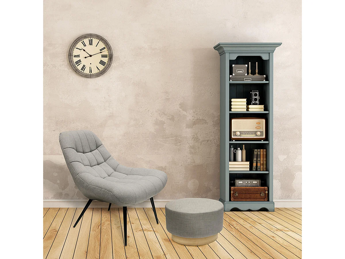 TOBIAS XL - Pouf Tissu Gris Clair et Base Aspect Bois